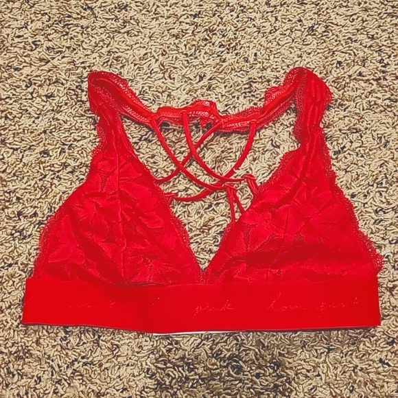 VS PINK XS Red “love Pink” Strap Logo lace trim triangle bralette - Picture 1 of 2